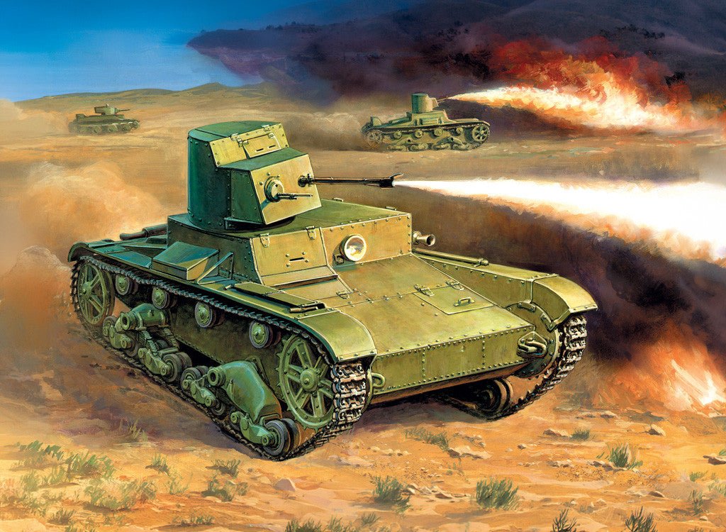 Zvezda 1:35 Soviet OT-26 flamethrower tank kit, box artwork of tank firing flames in the desert