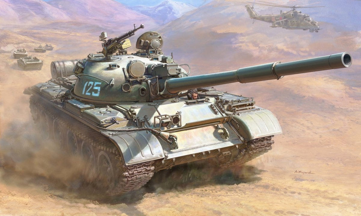 Zvezda 1/35 T-62 1974 tank model kit artwork advancing through dust with a helicopter above