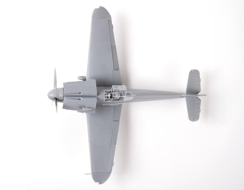 Zvezda 1:48 Messerschmitt Bf-109 F2 kit, assembled unpainted model seen from directly above