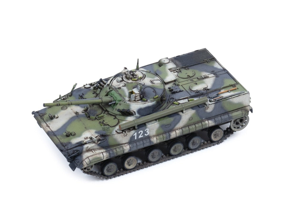 Zvezda 1:72 BMP-3 infantry fighting vehicle kit, built camouflaged model from above at an angle