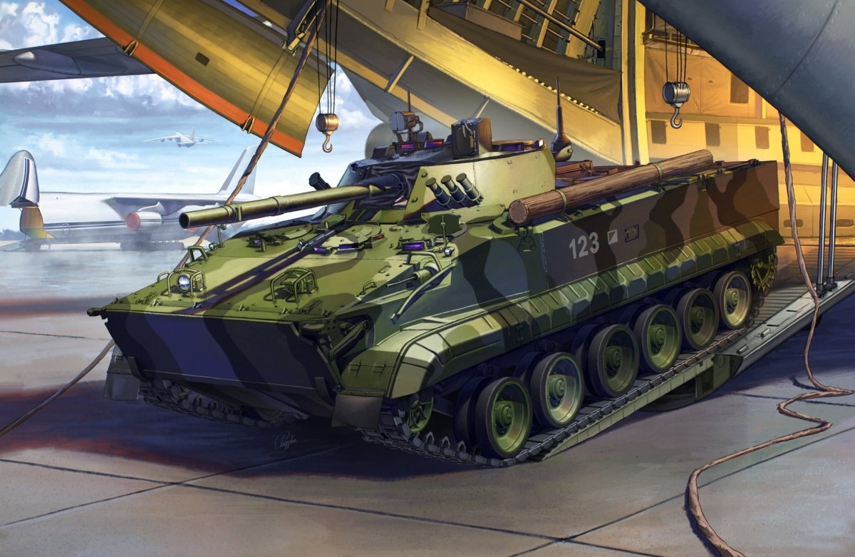 Zvezda 1:72 BMP-3 infantry fighting vehicle kit, box artwork of vehicle leaving a transport plane