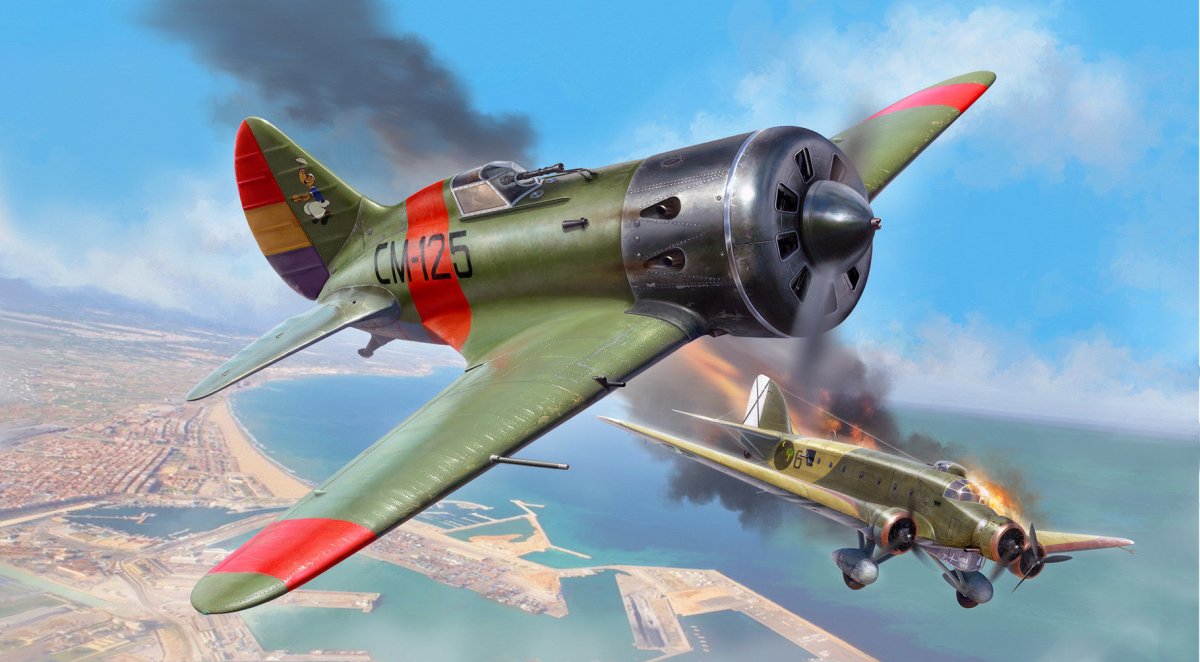 Zvezda 1:72 Polikarpov I-16 Type 5 fighter kit, box artwork of fighters over a coastline