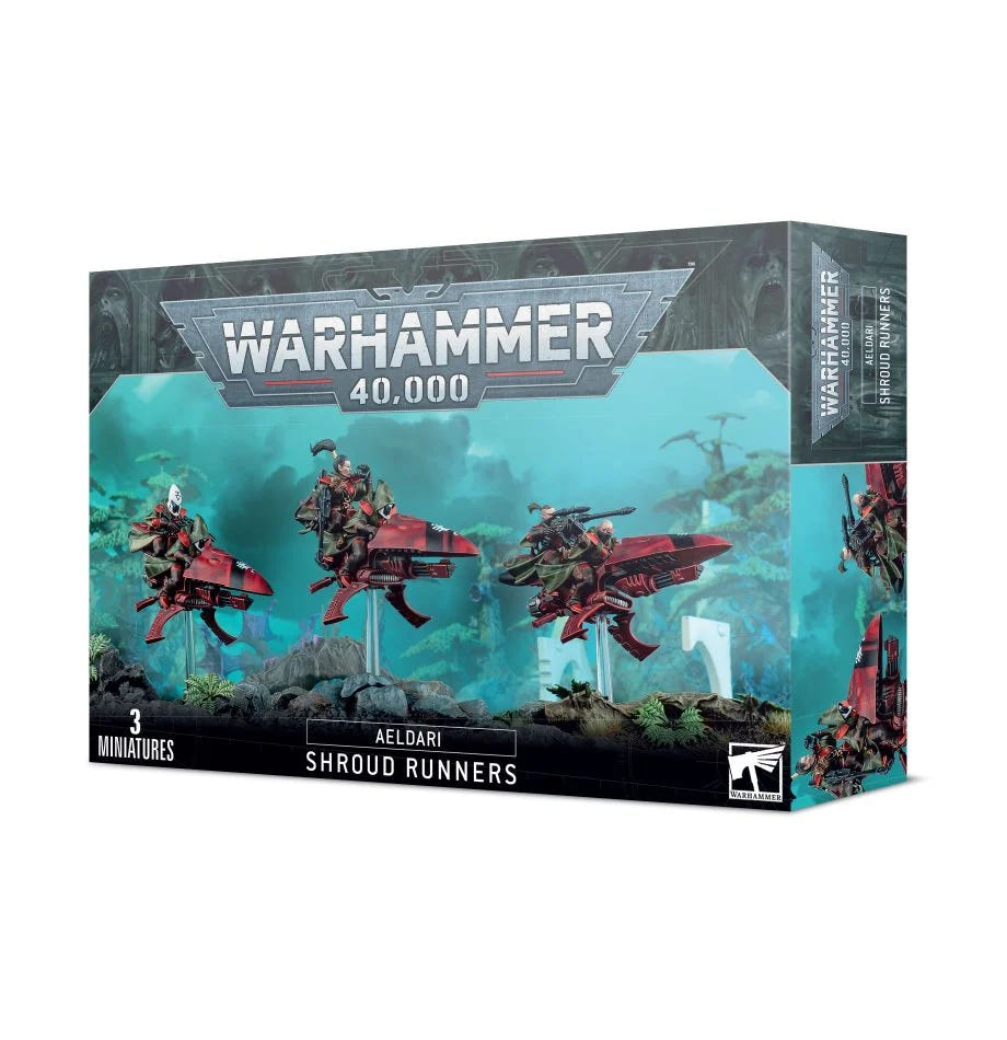 Warhammer 40,000 Aeldari Shroud Runners box with 3 miniatures, front view