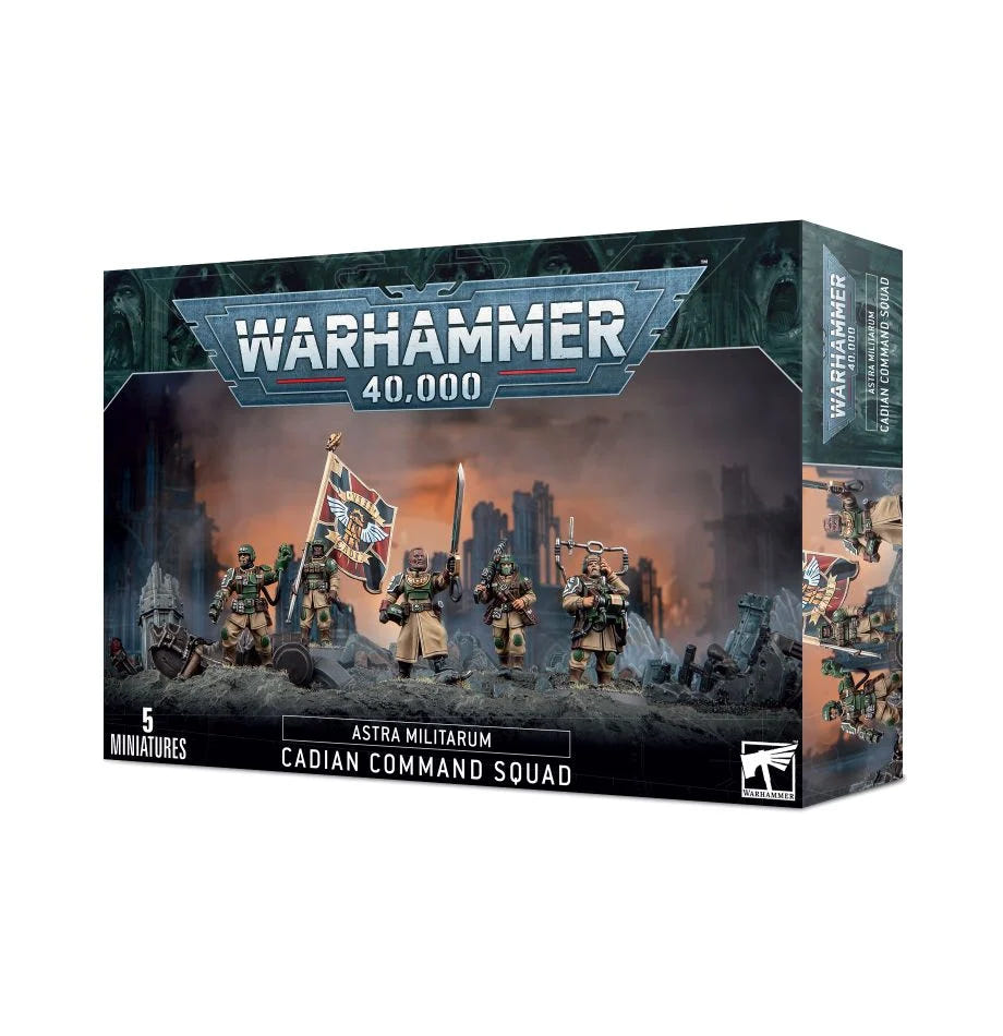 Warhammer 40,000 Astra Militarum Cadian Command Squad box front showing the painted squad