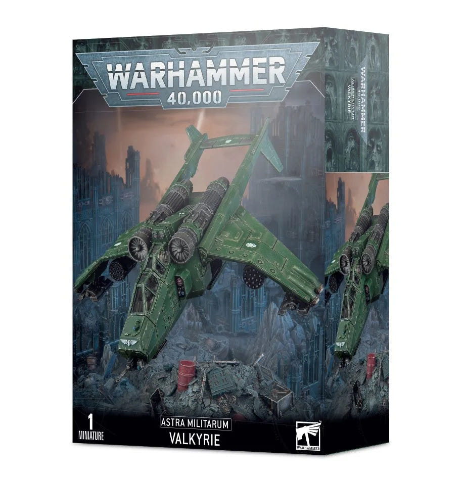 Games Workshop Astra Militarum Valkyrie box front showing a green gunship in flight over ruins