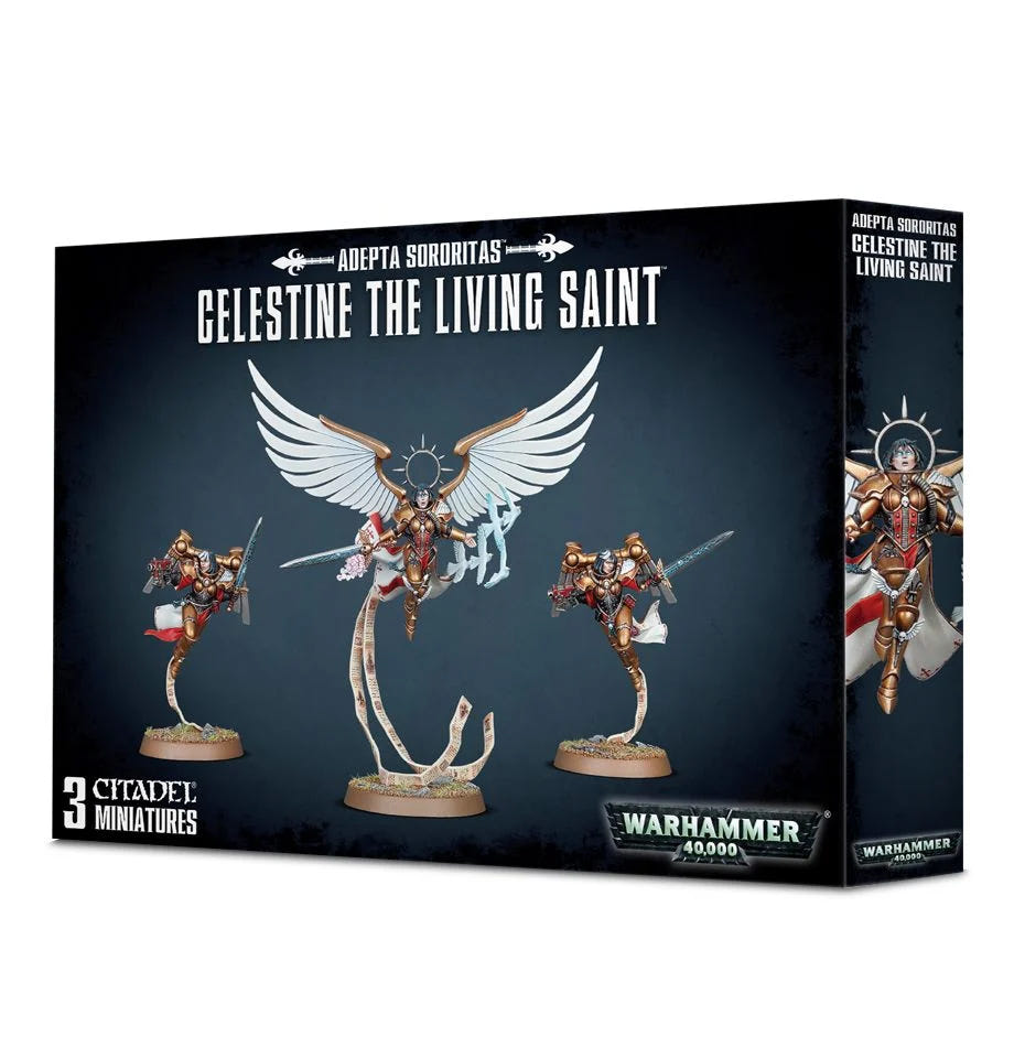 Games Workshop Adepta Sororitas Celestine the Living Saint box front with three miniatures
