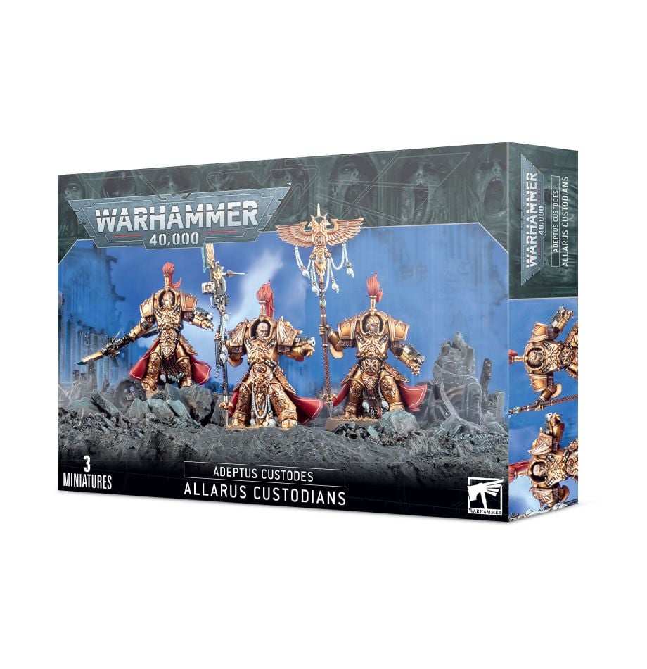 Warhammer 40,000 Adeptus Custodes Allarus Custodians box front, 3 miniatures