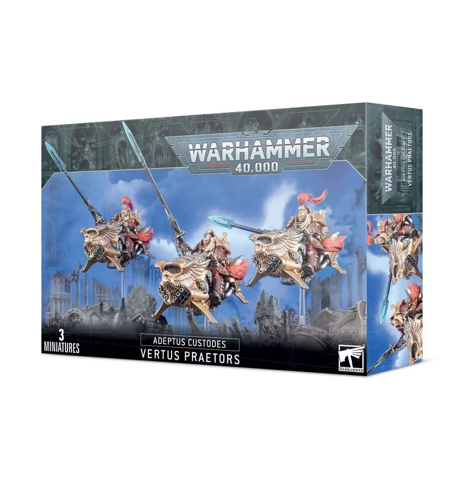 Games Workshop Adeptus Custodes Vertus Praetors box front with three golden jetbikes