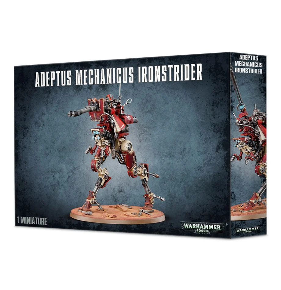 Games Workshop Adeptus Mechanicus Ironstrider box showing a painted Ironstrider Ballistarius
