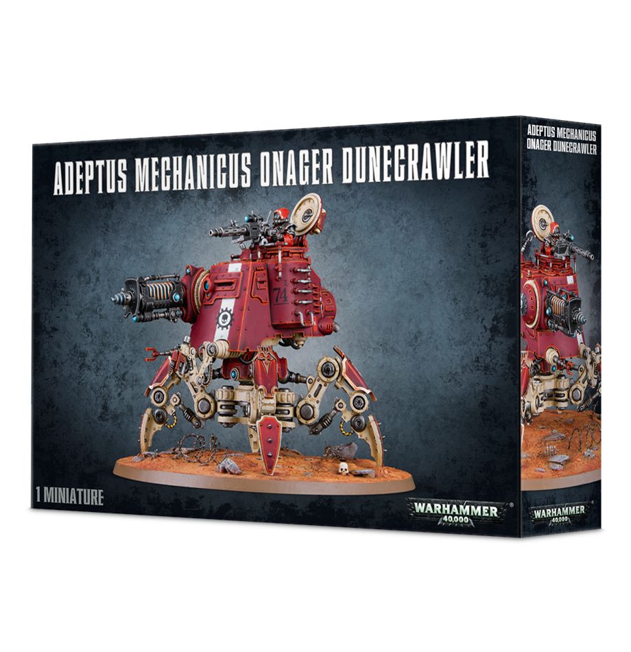 Games Workshop Adeptus Mechanicus Onager Dunecrawler box front with painted red walker