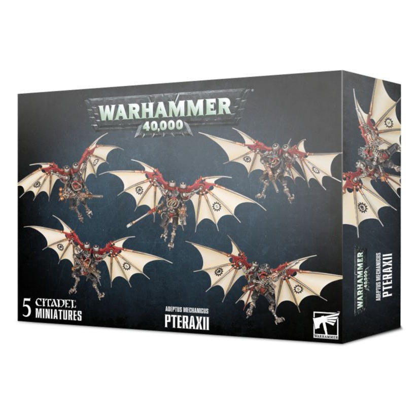 Games Workshop Adeptus Mechanicus Pteraxii box front showing five painted winged cyborg fliers