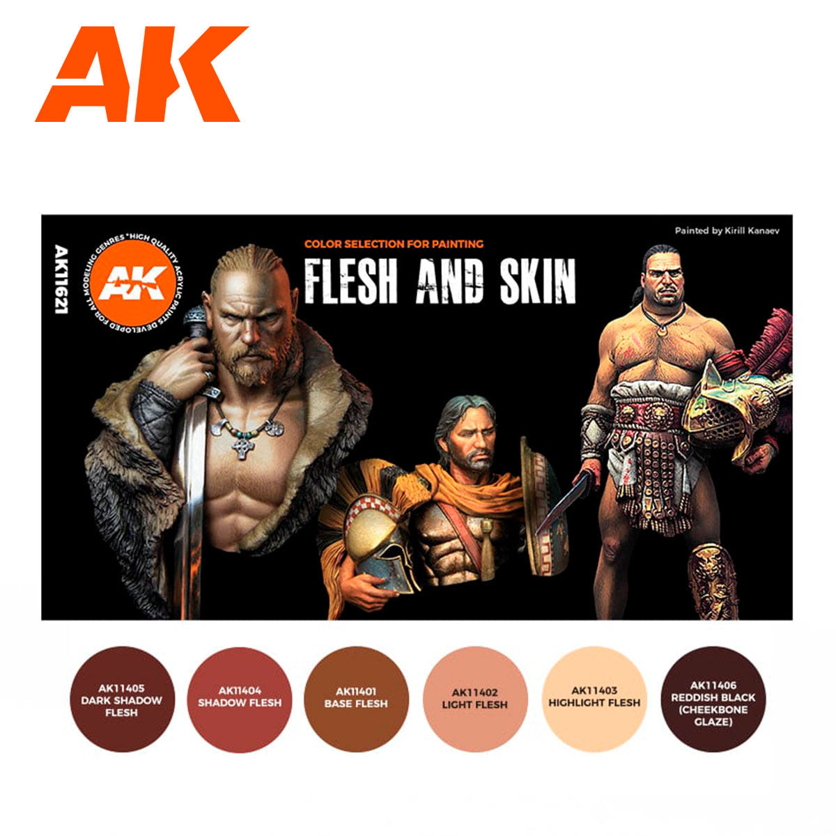 AK Interactive Flesh and Skin colours set with painted busts and six flesh tone swatches