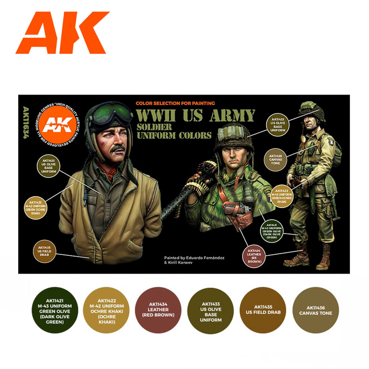 AK Interactive WWII US Army uniform paint set with painted figures and six olive and khaki swatches