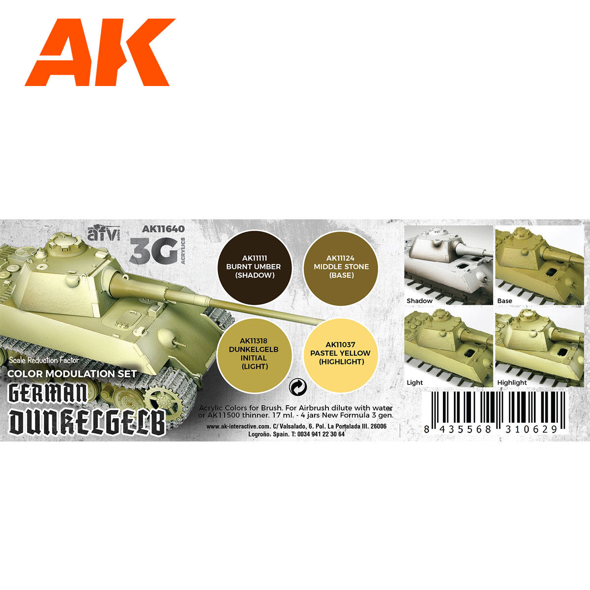 AK Interactive 3rd Gen AFV Paint Set - German Dunkelgelb Modulation Set AK11640 - Loaded Dice