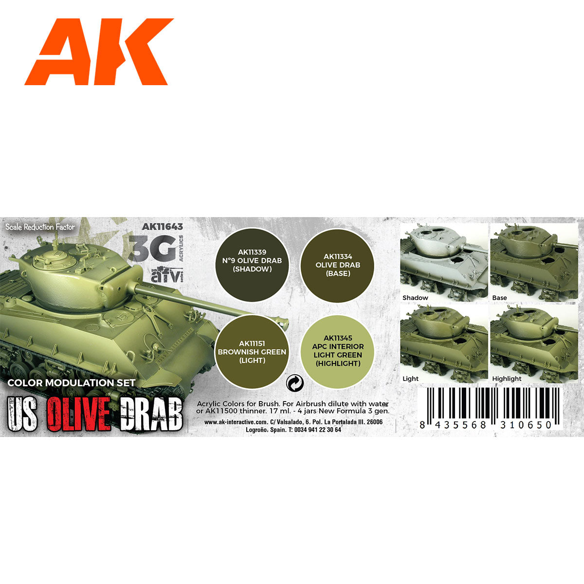 AK Interactive 3rd Gen AFV Paint Set - US Olive Drab Modulation Set AK11643 - Loaded Dice