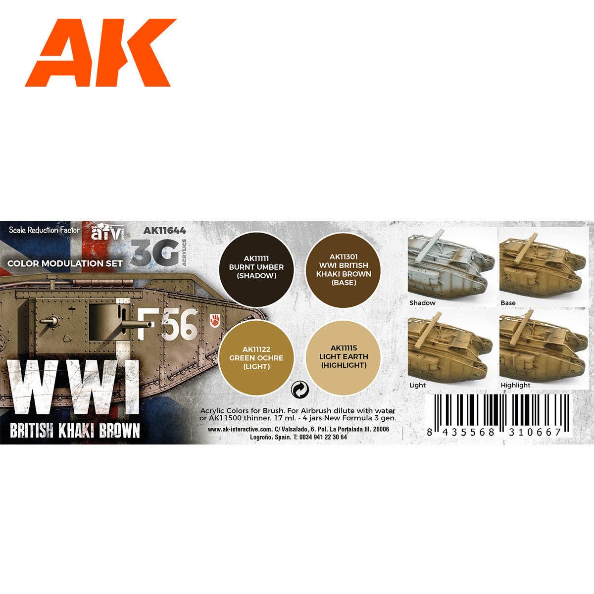 AK Interactive 3rd Gen AFV Paint Set - WWI British Colors Modulation Set AK11644 - Loaded Dice