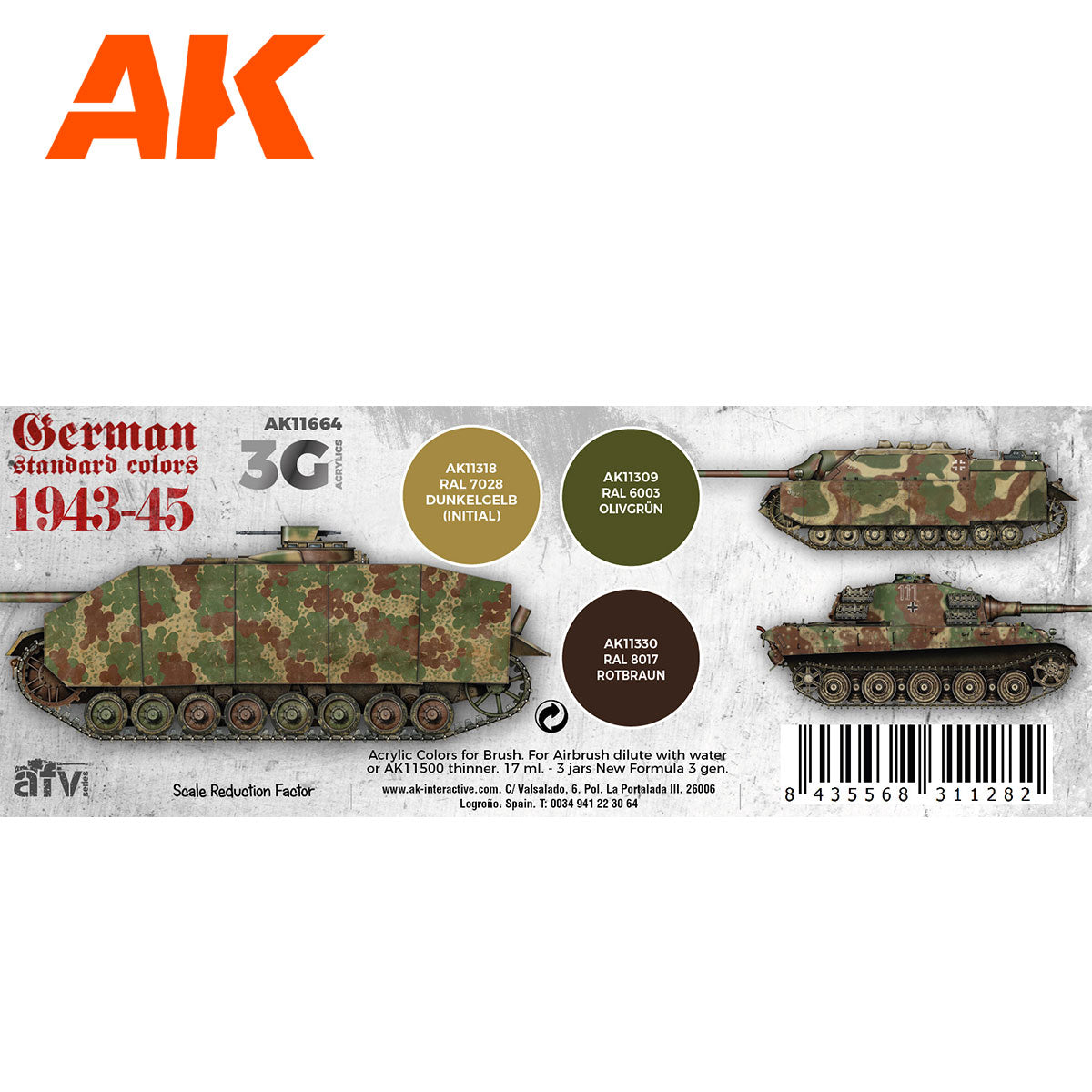 AK Interactive 3rd Gen AFV Paint Set - German Standard Colors 1943-45 Combo AK11664 - Loaded Dice