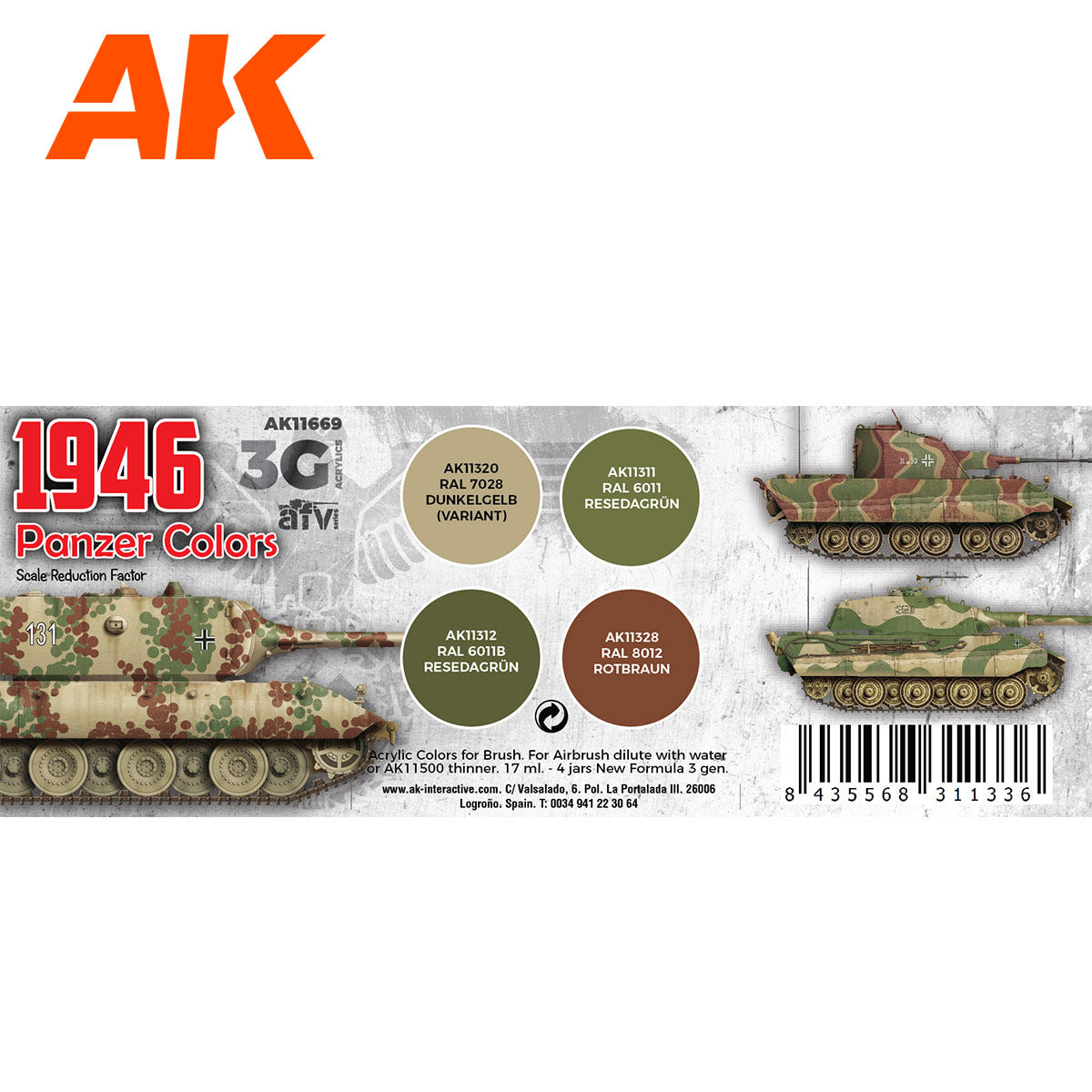 AK Interactive 3rd Gen AFV Paint Set - Panzer Colors 1946 AK11669 - Loaded Dice