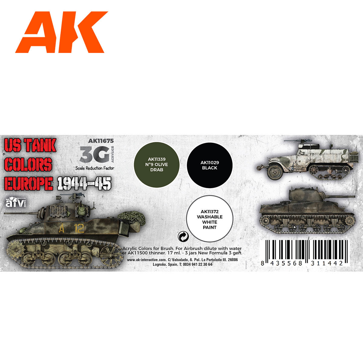 AK Interactive 3rd Gen AFV Paint Set - US Tank Colors Europe 1944-45 AK11675 - Loaded Dice
