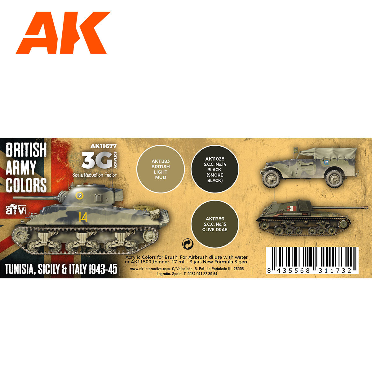 AK Interactive 3rd Gen AFV Paint Set - British Army Colors Tunisia, Sicily & Italy 1943-45 AK11677 - Loaded Dice