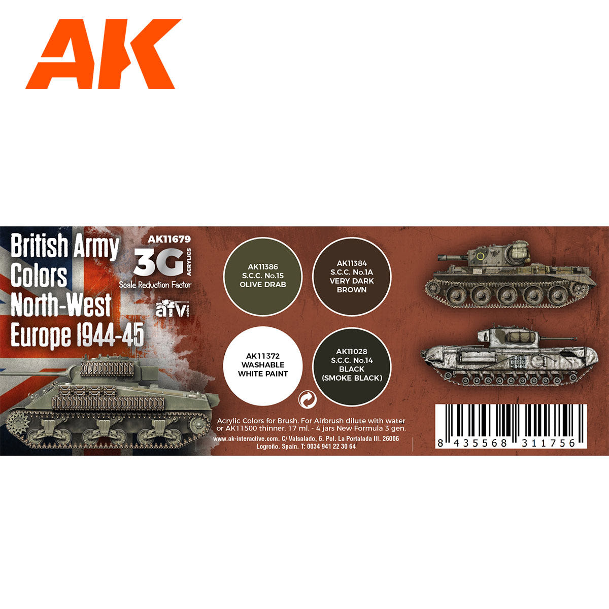 AK Interactive 3rd Gen AFV Paint Set - British Army Colors North-West Europe 1944-45 AK11679 - Loaded Dice