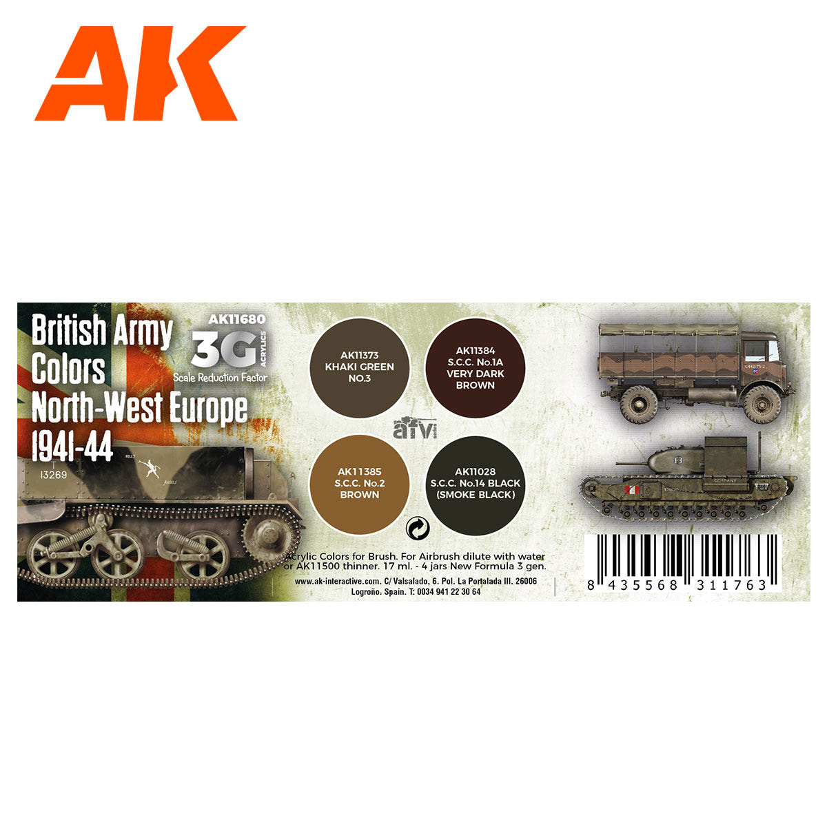 AK Interactive 3rd Gen AFV Paint Set - British Army Colors Europe 1941-44 AK11680 - Loaded Dice