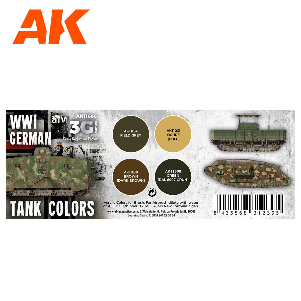 AK Interactive 3rd Gen AFV Paint Set - WWI German Tank Colors AK11686 - Loaded Dice