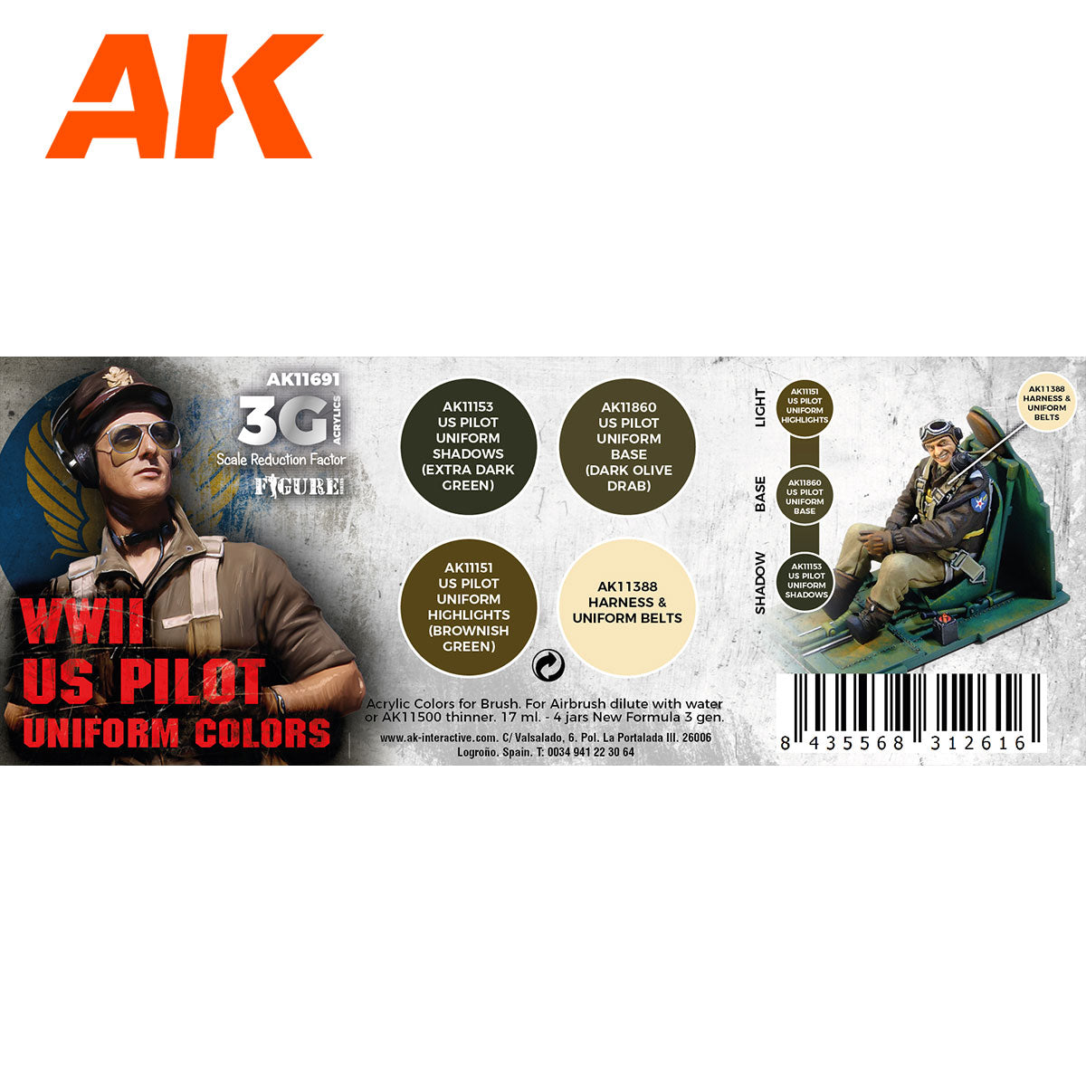 AK Interactive 3rd Gen Aircraft Paint Set - WWII US Uniform Colors AK11691 - Loaded Dice