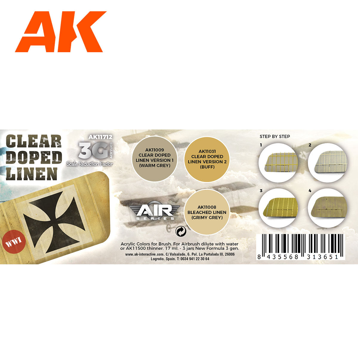 AK Interactive 3rd Gen Aircraft Paint Set - Clear Doped Linen SET 3G - Loaded Dice