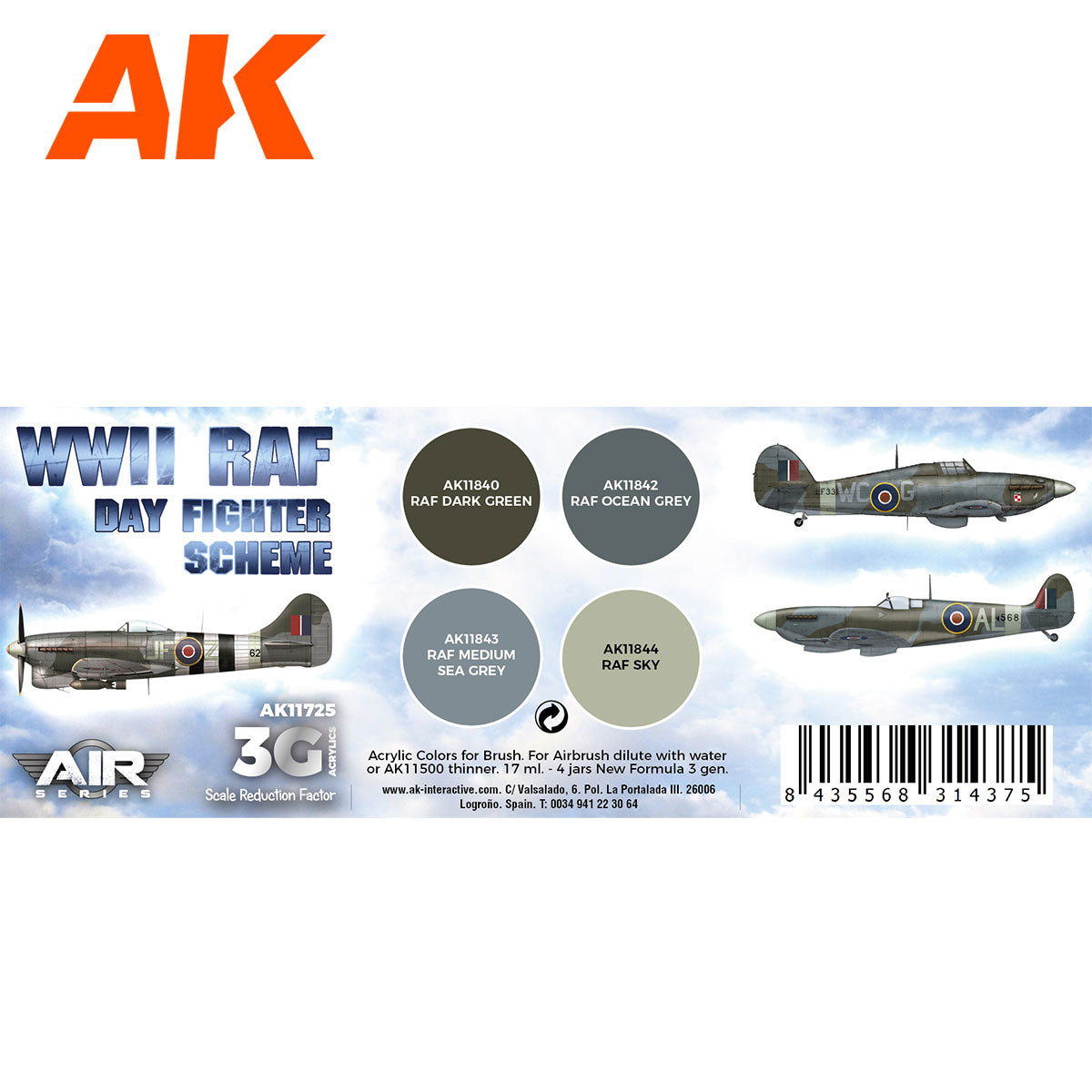 AK Interactive 3rd Gen Aircraft Paint Set - WWII RAF Day Fighter Scheme Set - Loaded Dice