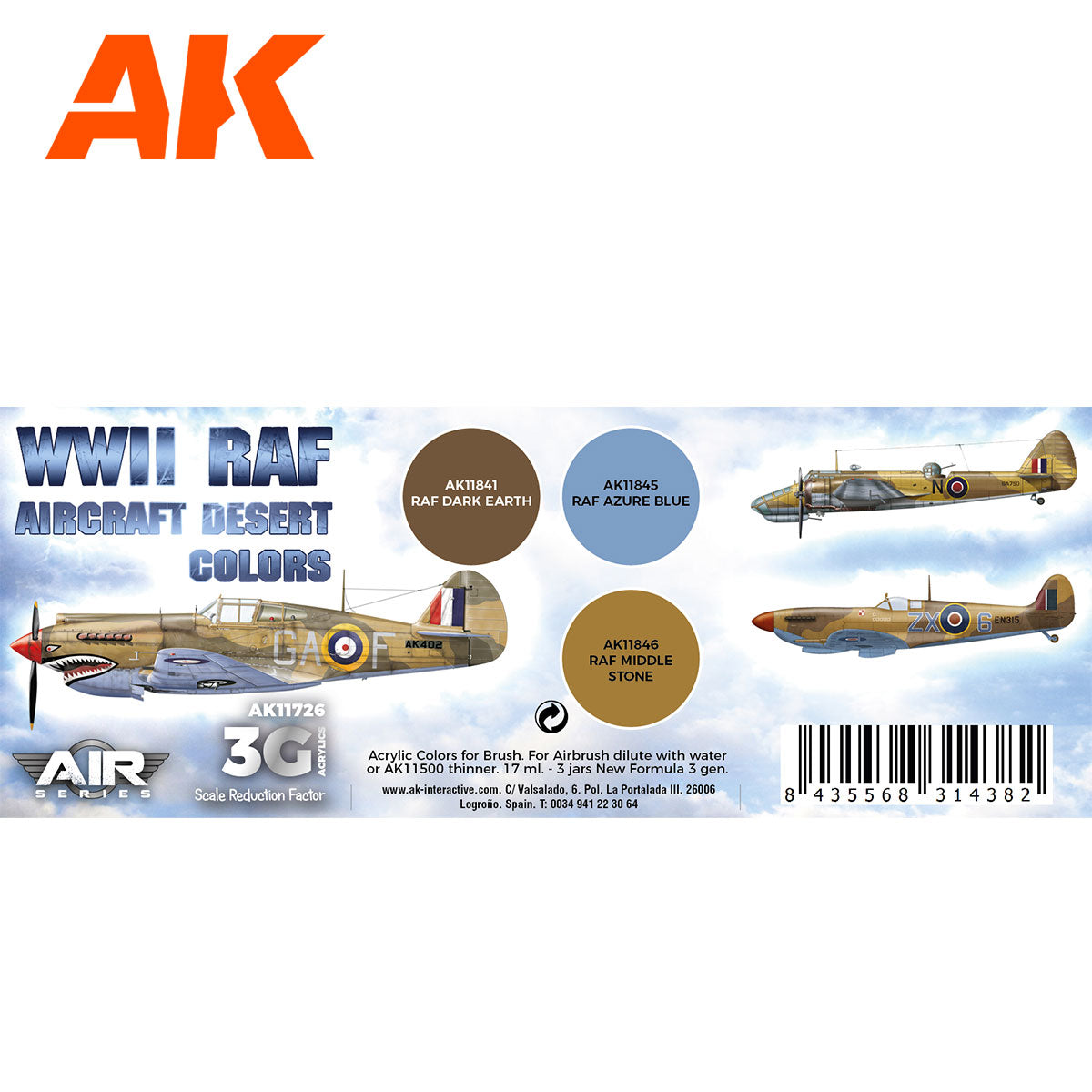 AK Interactive 3rd Gen Aircraft Paint Set - WWII RAF Aircraft Desert Colors Set - Loaded Dice