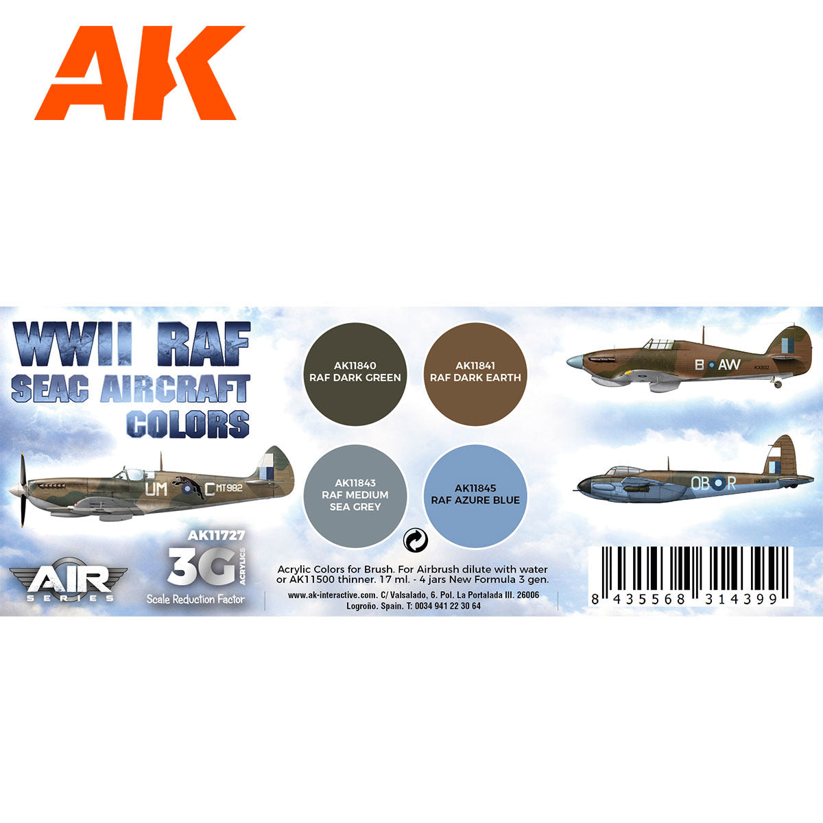 AK Interactive 3rd Gen Aircraft Paint Set - WWII RAF SEAC Aircraft Colors Set - Loaded Dice