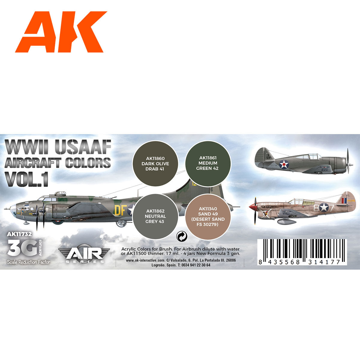 AK Interactive 3rd Gen Aircraft Paint Set - WWII USAAF Aircraft Colors Vol.1 Set - Loaded Dice