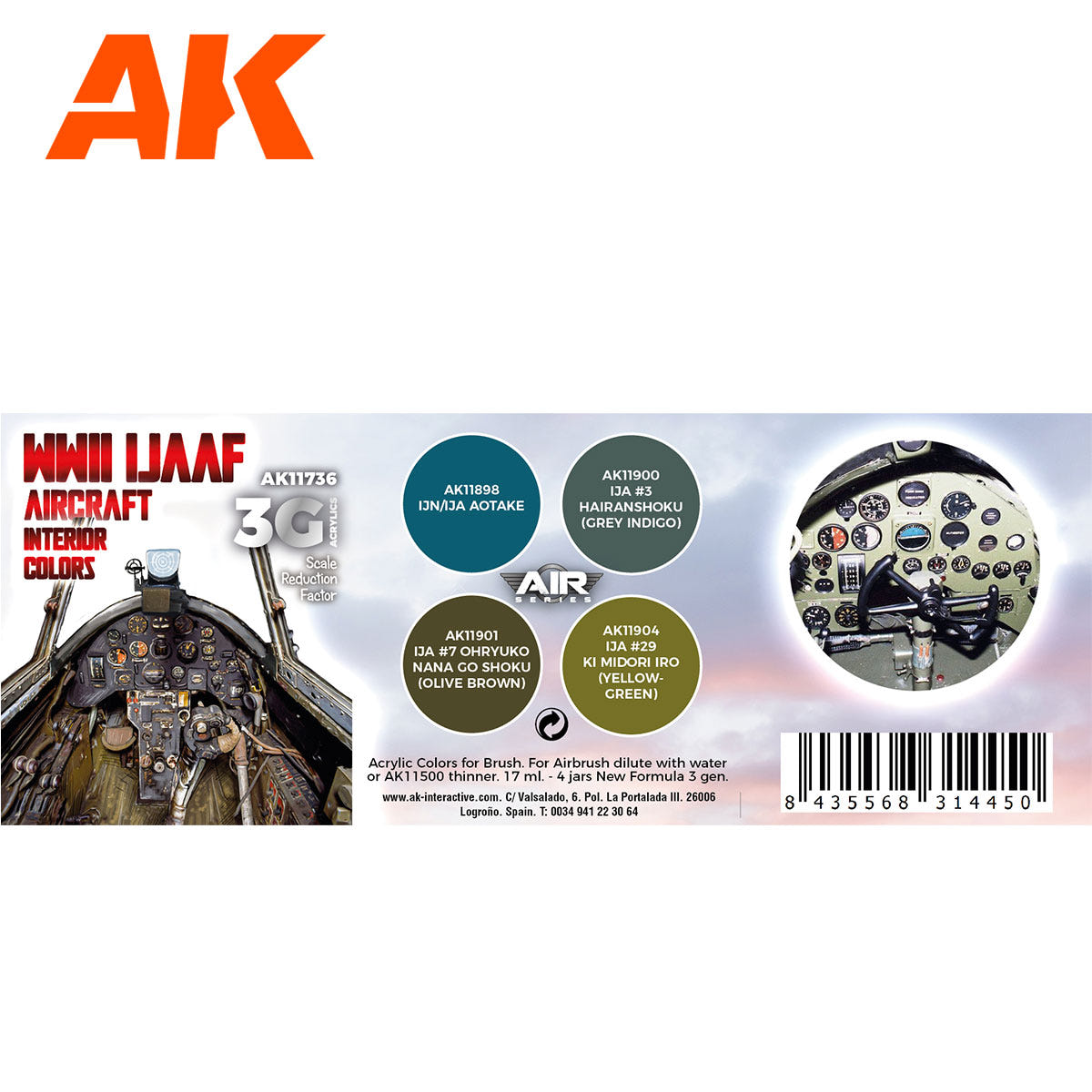 AK Interactive 3rd Gen Aircraft Paint Set - WWII IJAAF Aircraft Interior Colors Set - Loaded Dice