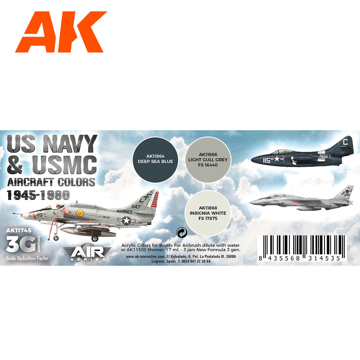 AK Interactive 3rd Gen Aircraft Paint Set - US Navy & USMC Aircraft Colors 1945-1980 Set - Loaded Dice