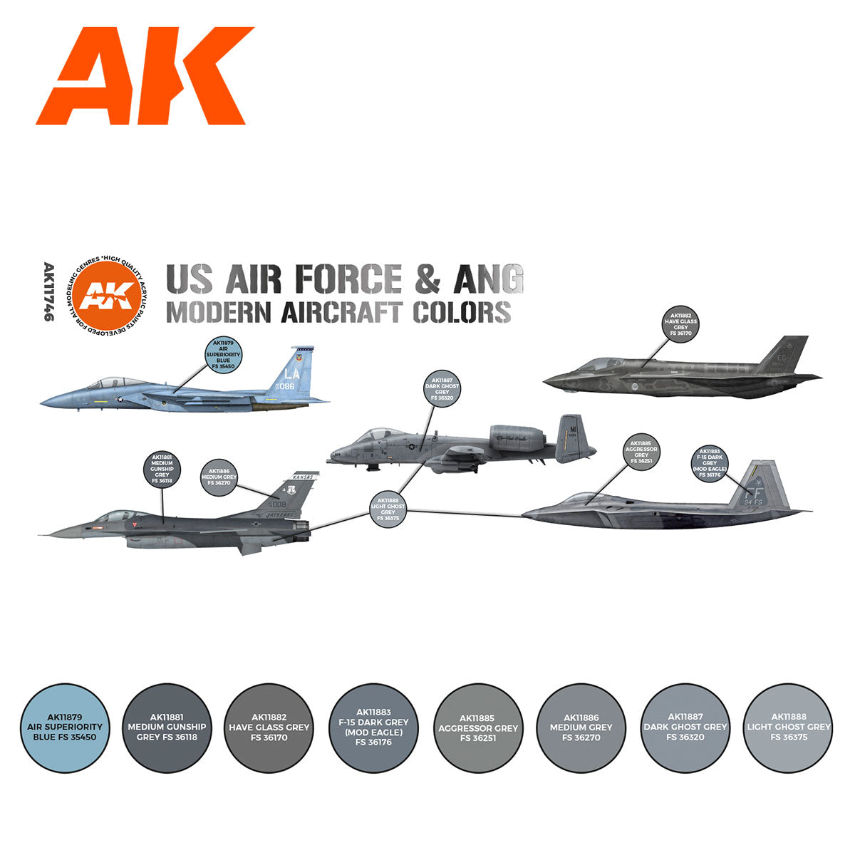 AK Interactive 3rd Gen Aircraft Paint Set - US Air Force & ANG Modern Aircraft Colors Set - Loaded Dice