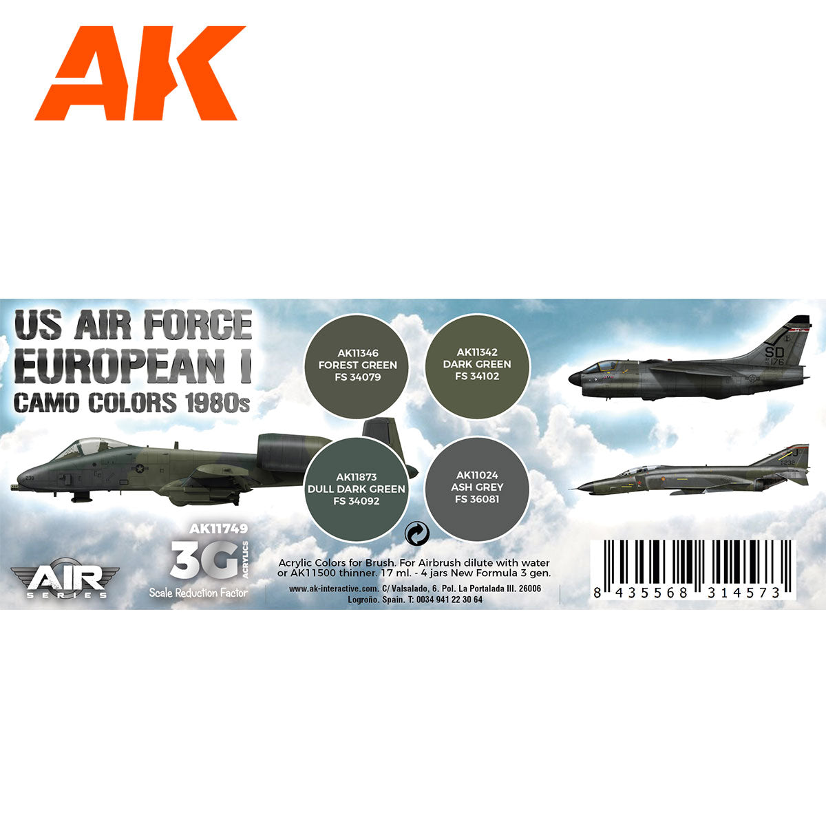 AK Interactive 3rd Gen Aircraft Paint Set - US Air Force European Camo Colors 1980s Set - Loaded Dice