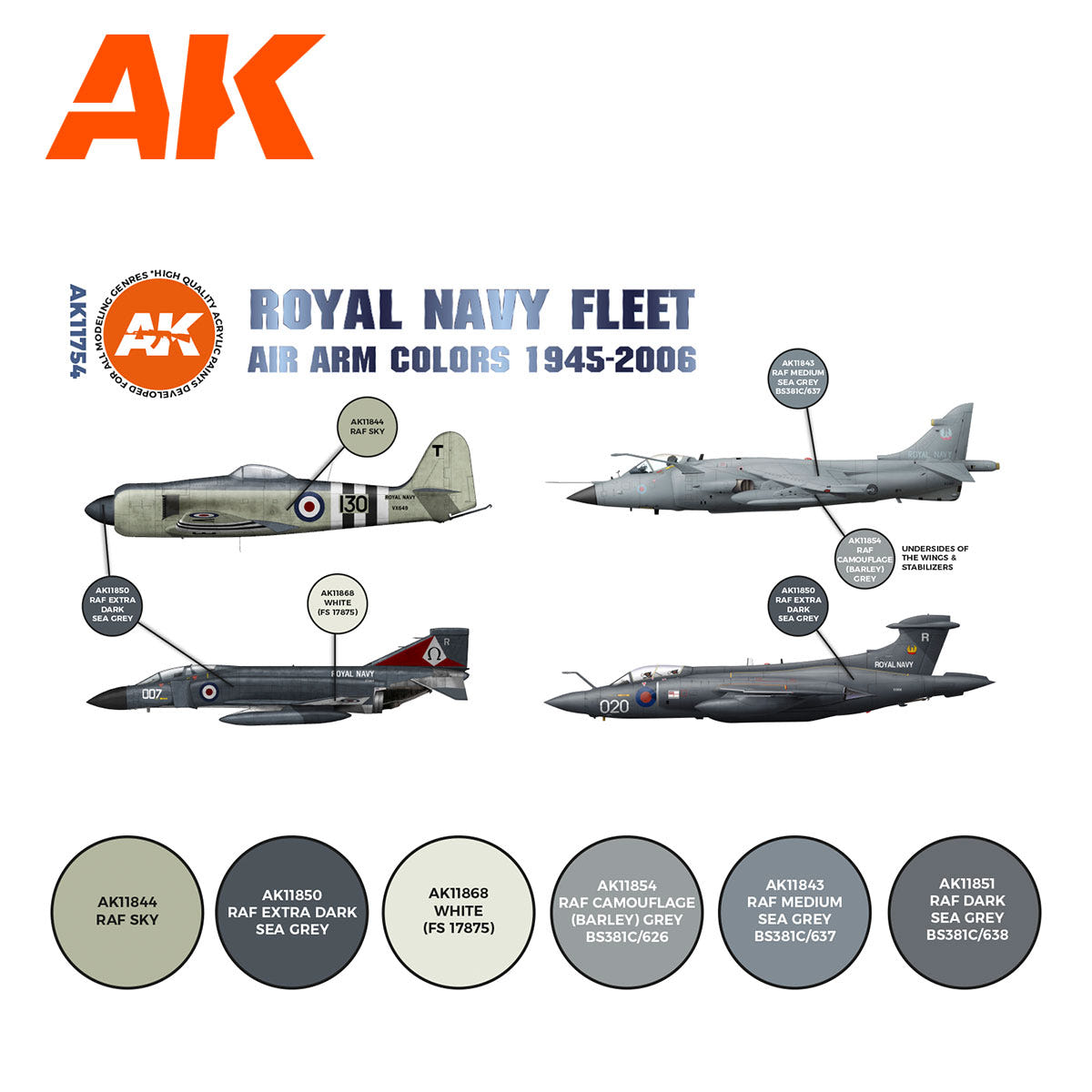 AK Interactive 3rd Gen Aircraft Paint Set - RN Fleet Air Arm Aircraft Colors 1945-2010 Set - Loaded Dice