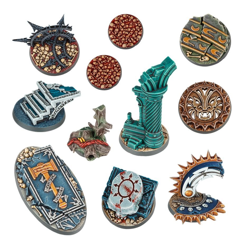 Painted Age of Sigmar Hero Bases laid out: skull piles, ruined pillar, steps and spiked designs