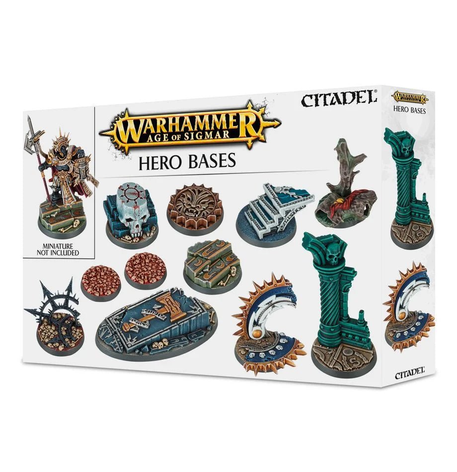 Warhammer Age of Sigmar Hero Bases box showing the painted sculpted bases, miniature not included