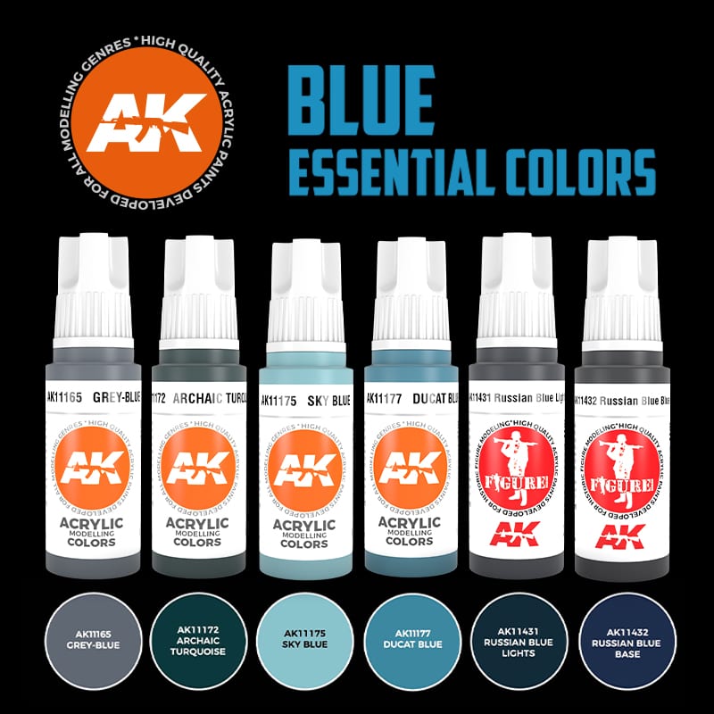 AK Interactive 3rd Gen Blue Essential Colors Set, six dropper bottles with blue swatches