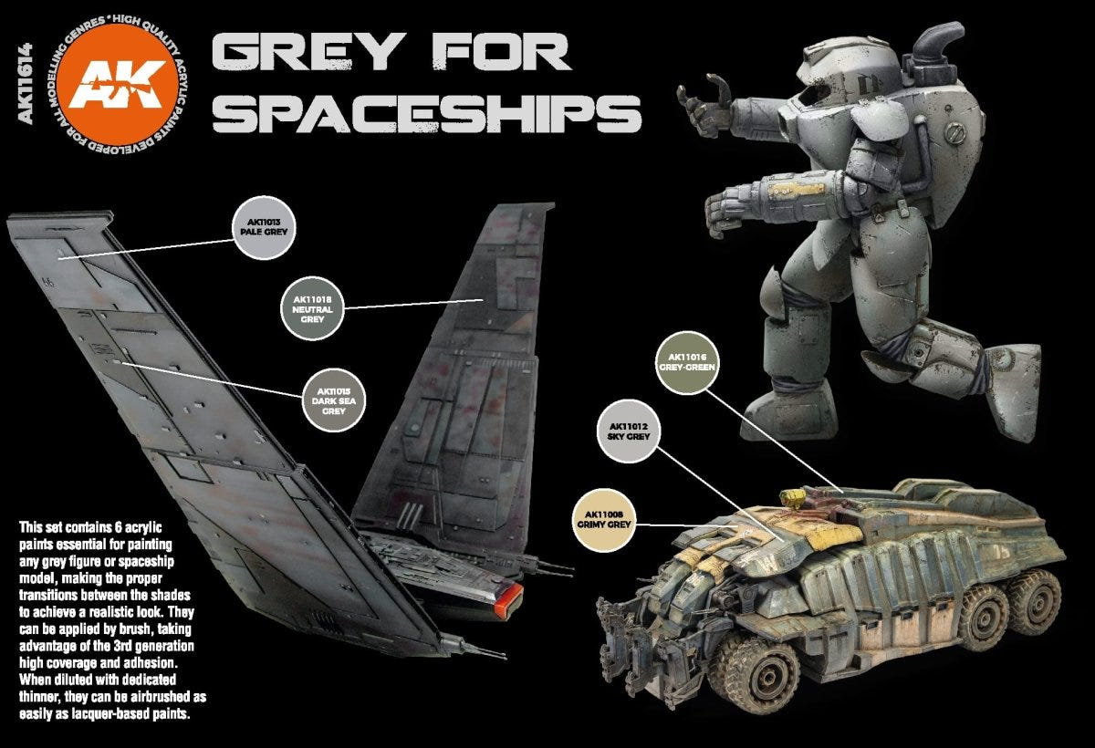 AK Grey for Spaceships guide showing painted sci-fi ship, mech and vehicle models