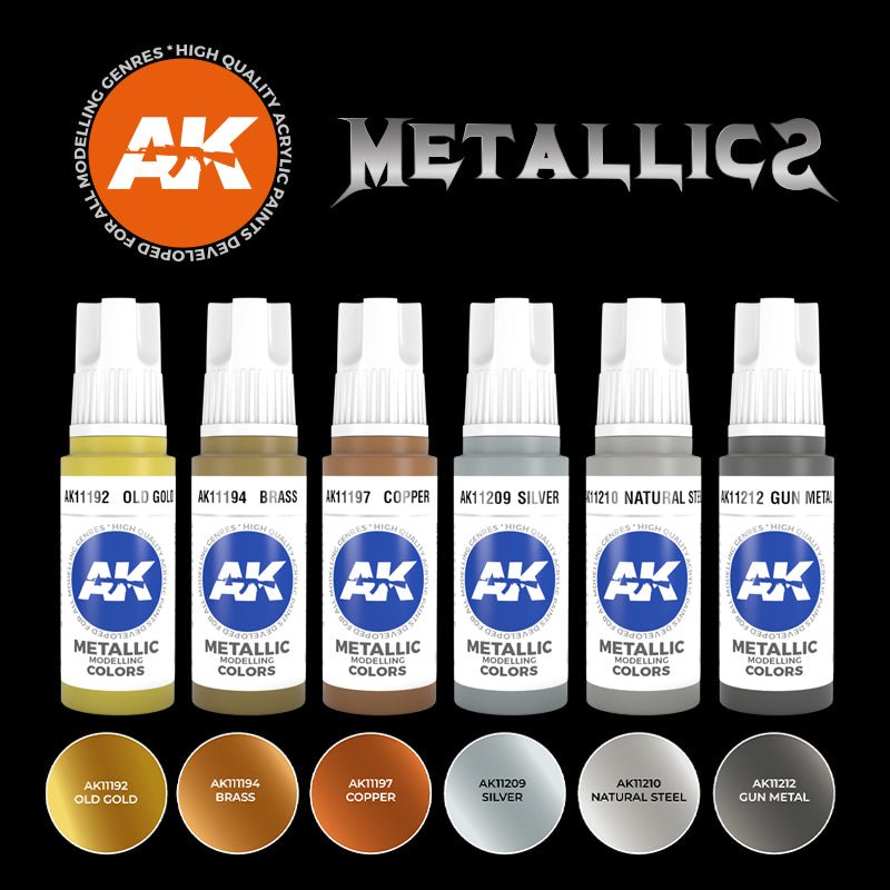 AK Interactive 3rd Gen Metallics set: six bottles from old gold and brass to gun metal