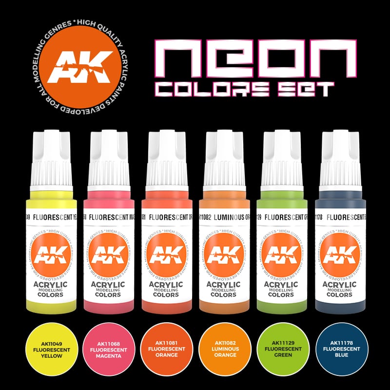 AK Interactive Neon Colors Set: six fluorescent acrylic paint bottles with swatches