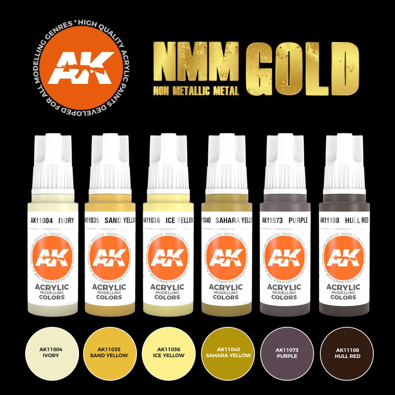 AK Interactive 3rd Gen NMM Gold set: six acrylic dropper bottles with colour swatches