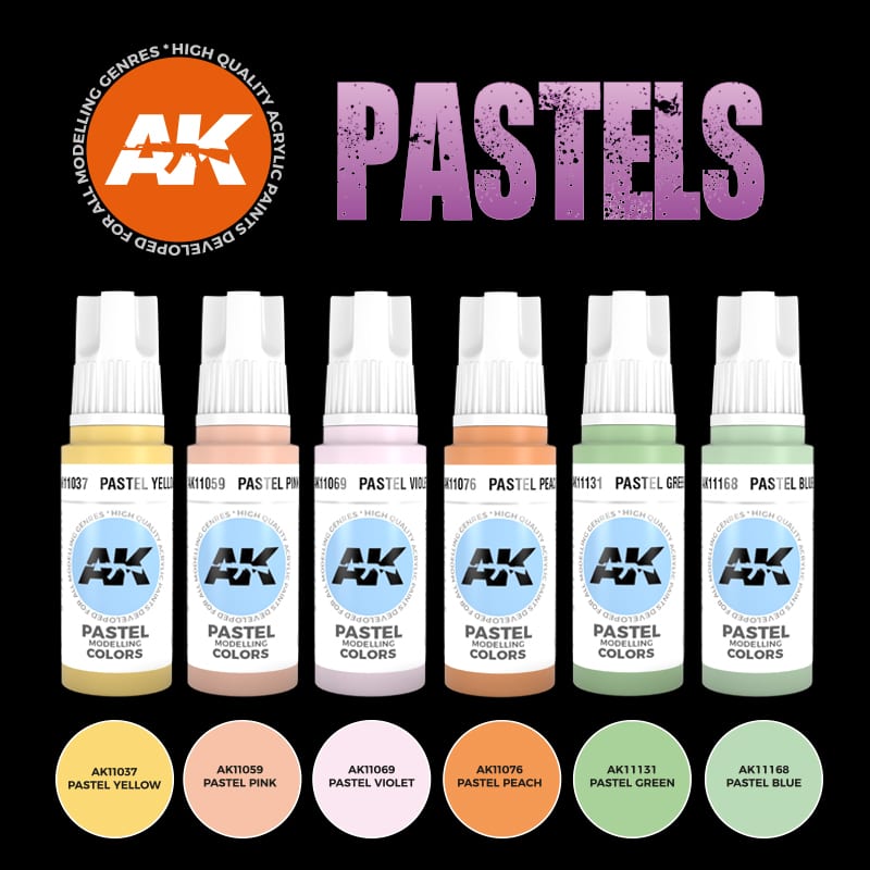 AK Interactive 3rd Gen Pastels set of six dropper bottles with yellow, pink, violet and green swatches