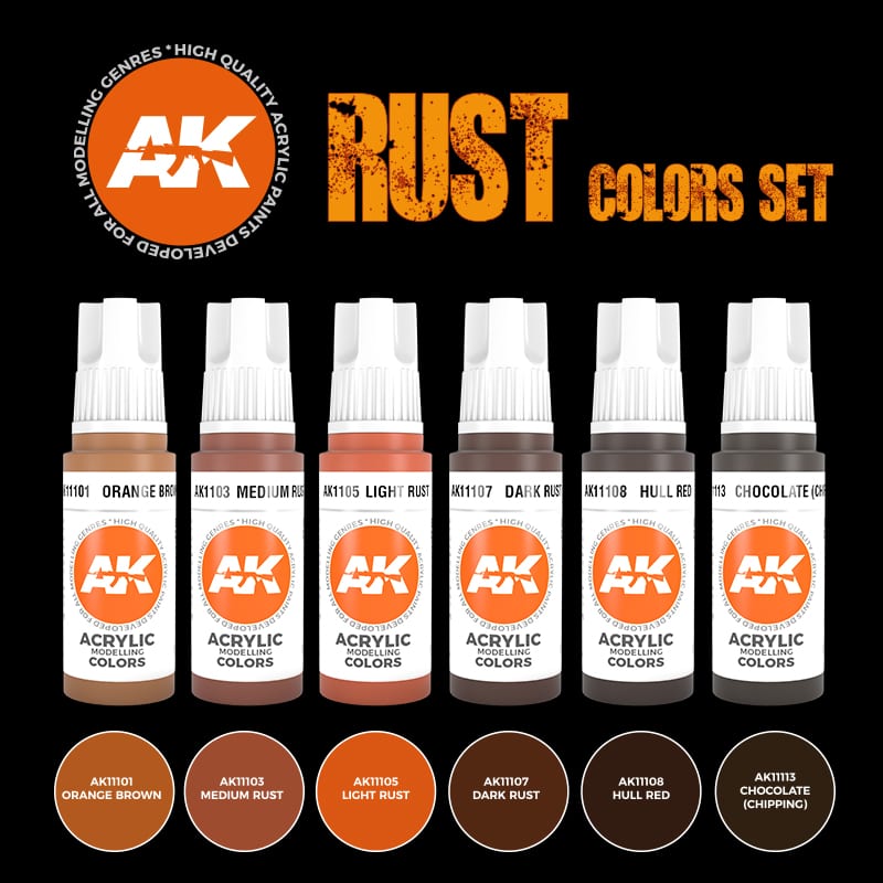 AK Interactive 3rd Gen Rust Colors Set, six dropper bottles with orange, rust, red and chocolate swatches