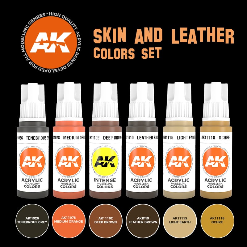 AK Interactive 3rd Gen Skin and Leather Colors Set, six dropper bottles with flesh and brown swatches