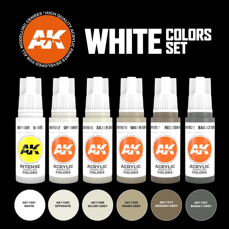 AK Interactive 3rd Gen White Colors Set, six dropper bottles from white to basalt grey