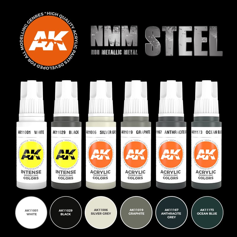 Six AK Interactive 3rd Gen acrylic bottles in the NMM Steel set, white through grey to ocean blue